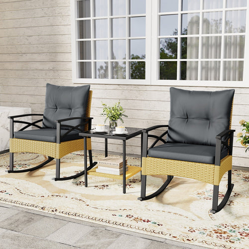 3 Pieces Outdoor Rattan Rocking Chairs Set with 2-Tier Side Table for Garden Backyard - Cheeky Garden