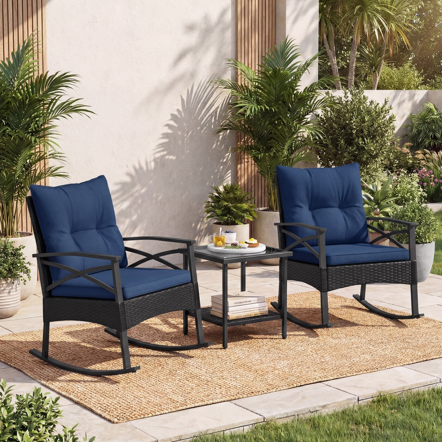 3 Pieces Outdoor Rattan Rocking Chairs Set with 2-Tier Side Table for Garden Backyard - Cheeky Garden