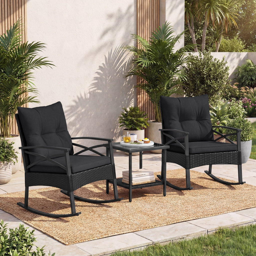3 Pieces Outdoor Rattan Rocking Chairs Set with 2-Tier Side Table for Garden Backyard - Cheeky Garden