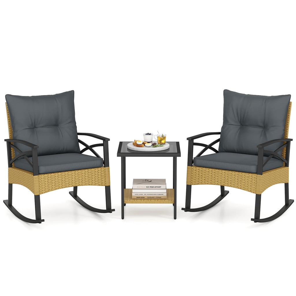 3 Pieces Outdoor Rattan Rocking Chairs Set with 2-Tier Side Table for Garden Backyard - Cheeky Garden