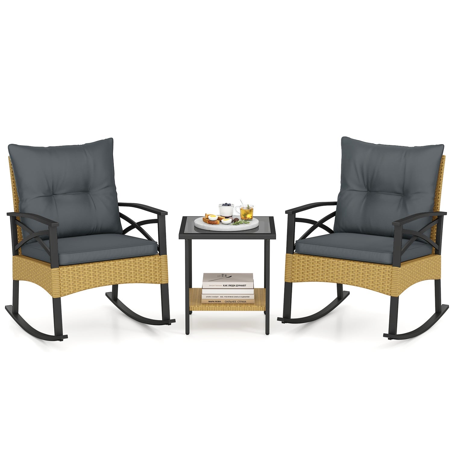 3 Pieces Outdoor Rattan Rocking Chairs Set with 2-Tier Side Table for Garden Backyard - Cheeky Garden