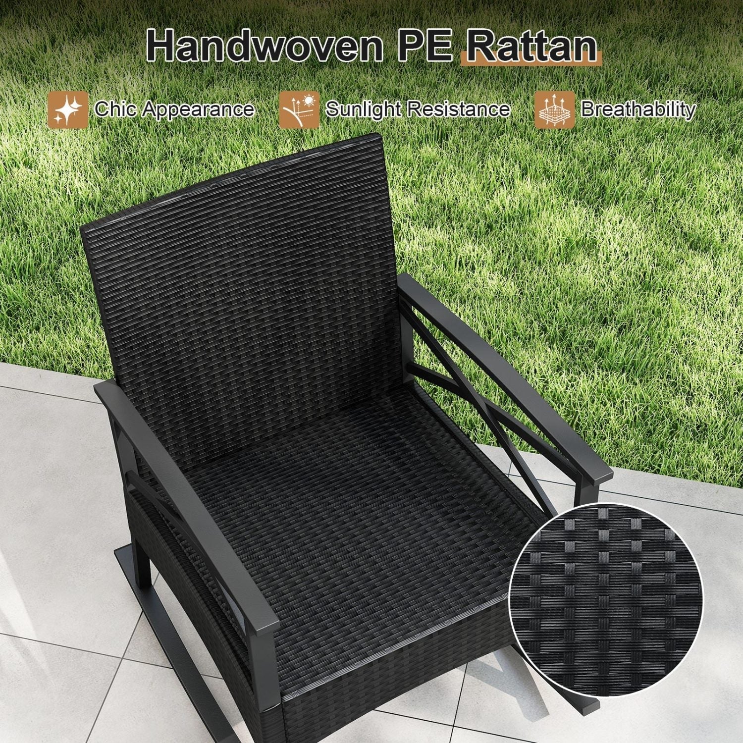 3 Pieces Outdoor Rattan Rocking Chairs Set with 2-Tier Side Table for Garden Backyard - Cheeky Garden