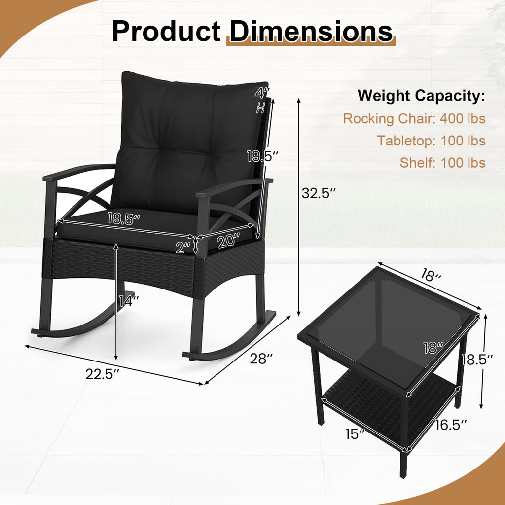 3 Pieces Outdoor Rattan Rocking Chairs Set with 2-Tier Side Table for Garden Backyard - Cheeky Garden