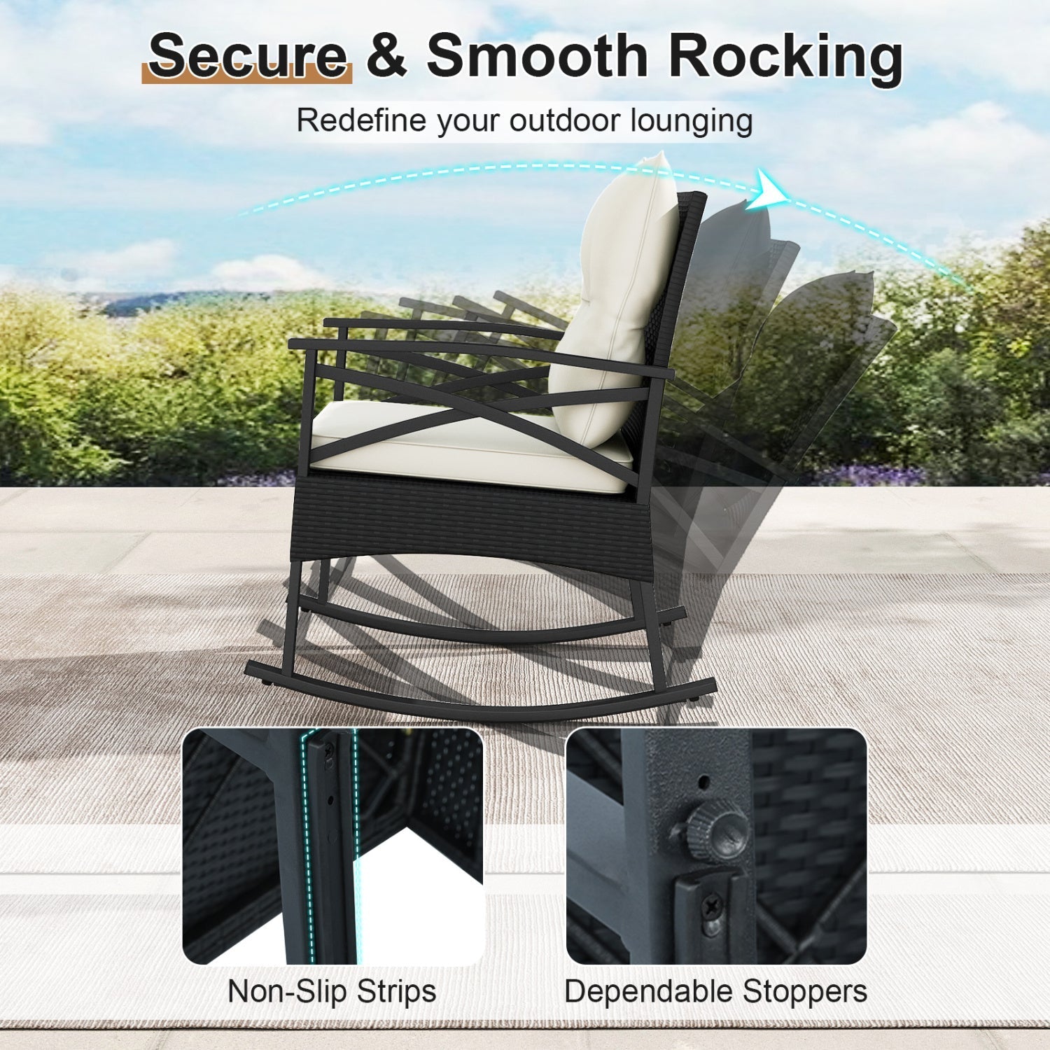 3 Pieces Outdoor Rattan Rocking Chairs Set with 2-Tier Side Table for Garden Backyard - Cheeky Garden