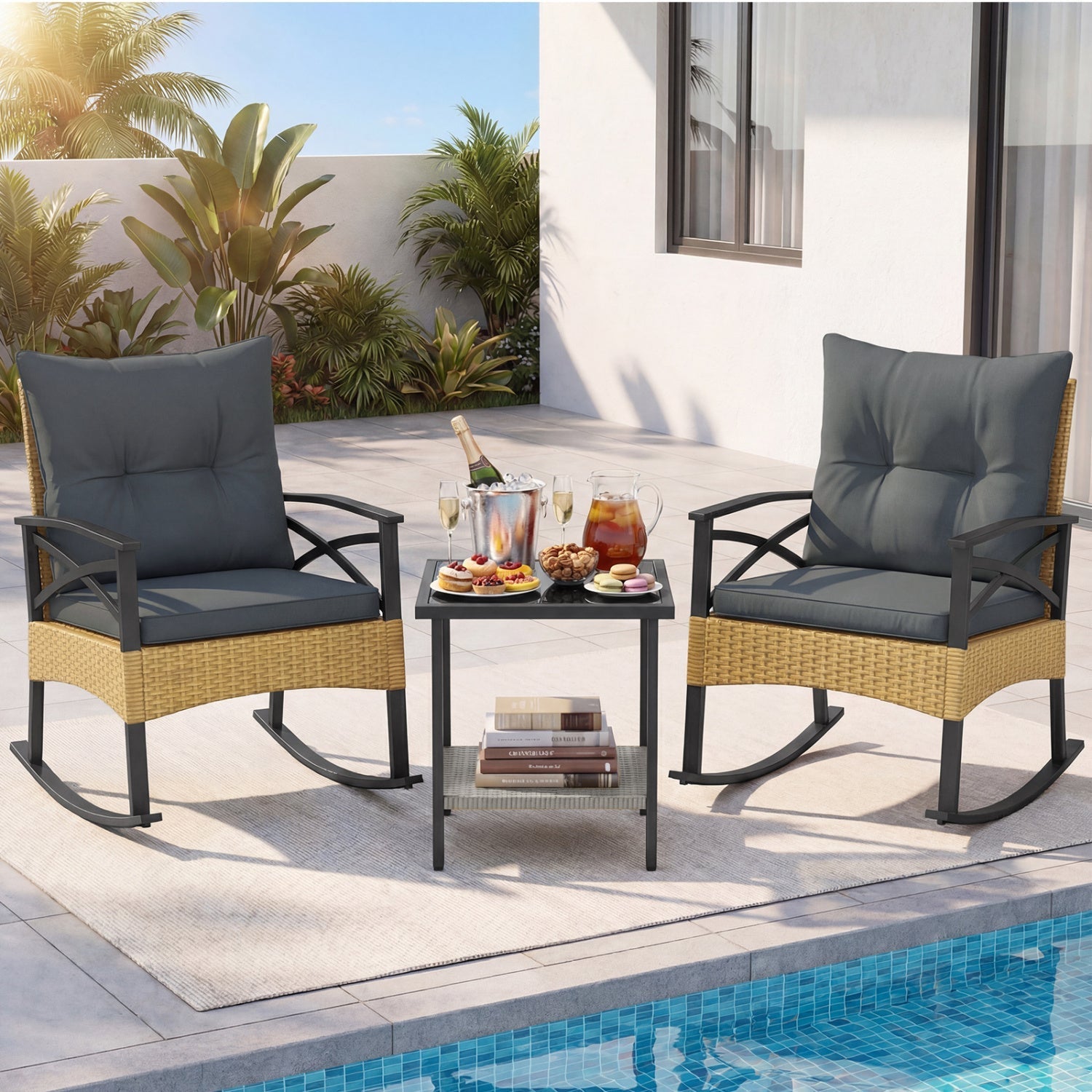 3 Pieces Outdoor Rattan Rocking Chairs Set with 2-Tier Side Table for Garden Backyard - Cheeky Garden