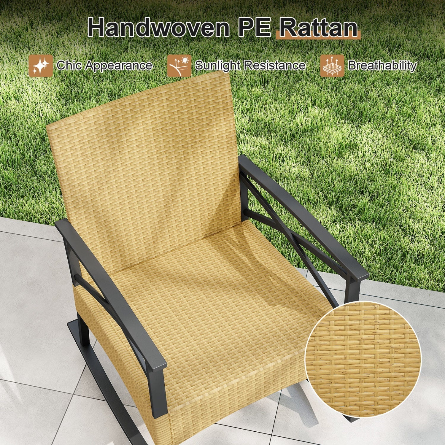3 Pieces Outdoor Rattan Rocking Chairs Set with 2-Tier Side Table for Garden Backyard - Cheeky Garden