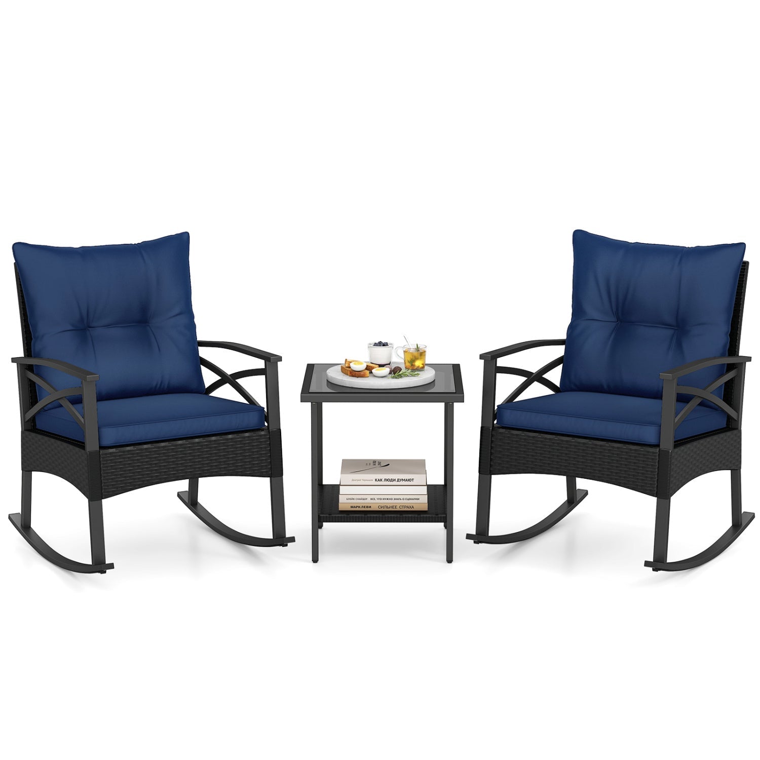 3 Pieces Outdoor Rattan Rocking Chairs Set with 2-Tier Side Table for Garden Backyard - Cheeky Garden