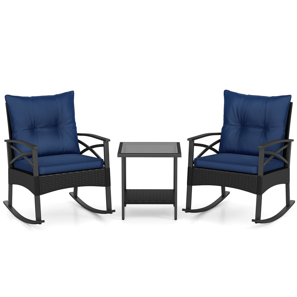 3 Pieces Outdoor Rattan Rocking Chairs Set with 2-Tier Side Table for Garden Backyard - Cheeky Garden