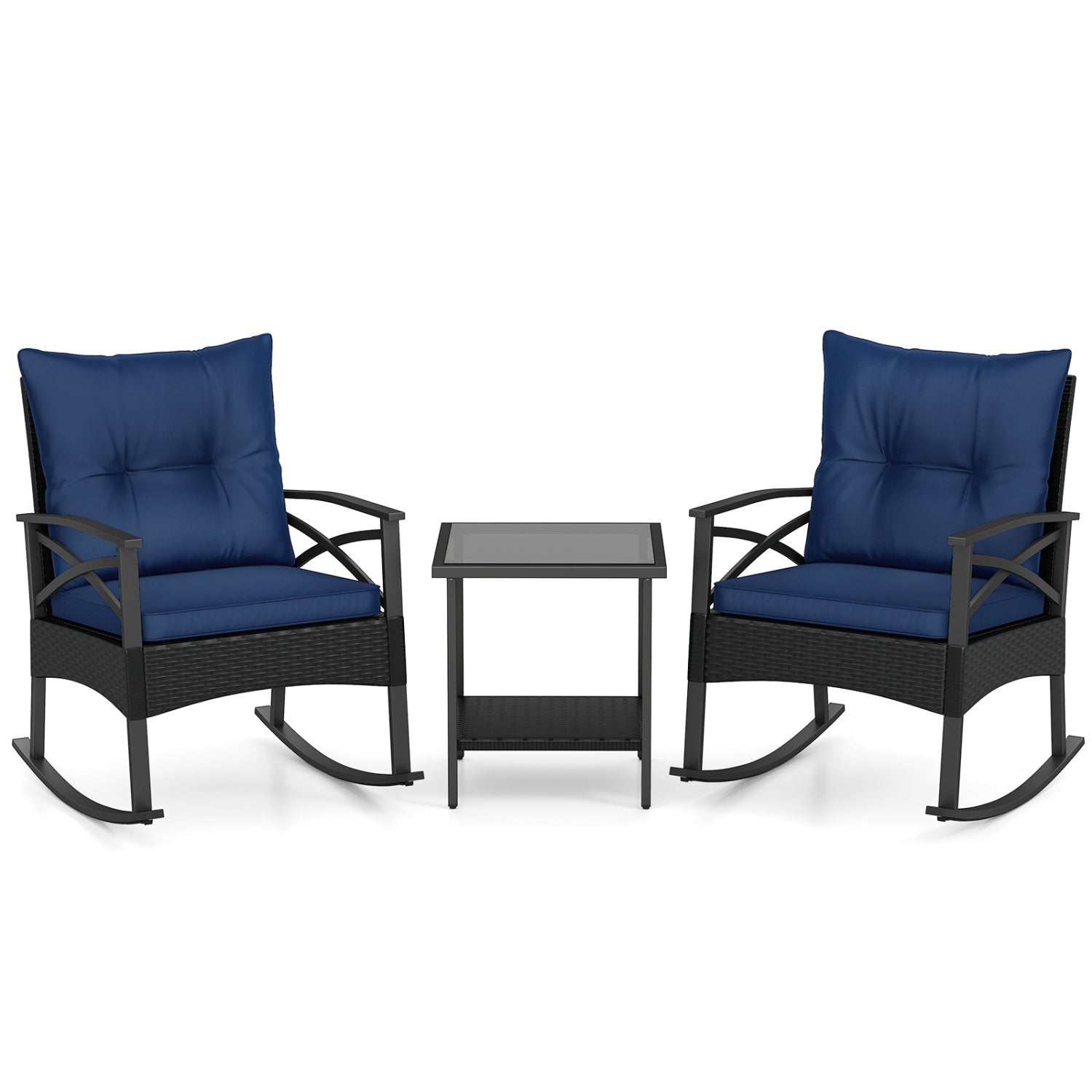 3 Pieces Outdoor Rattan Rocking Chairs Set with 2-Tier Side Table for Garden Backyard - Cheeky Garden