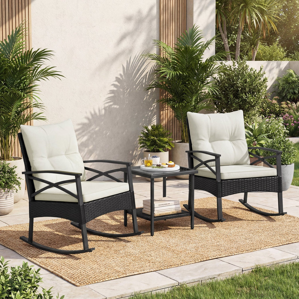 3 Pieces Outdoor Rattan Rocking Chairs Set with 2-Tier Side Table for Garden Backyard - Cheeky Garden