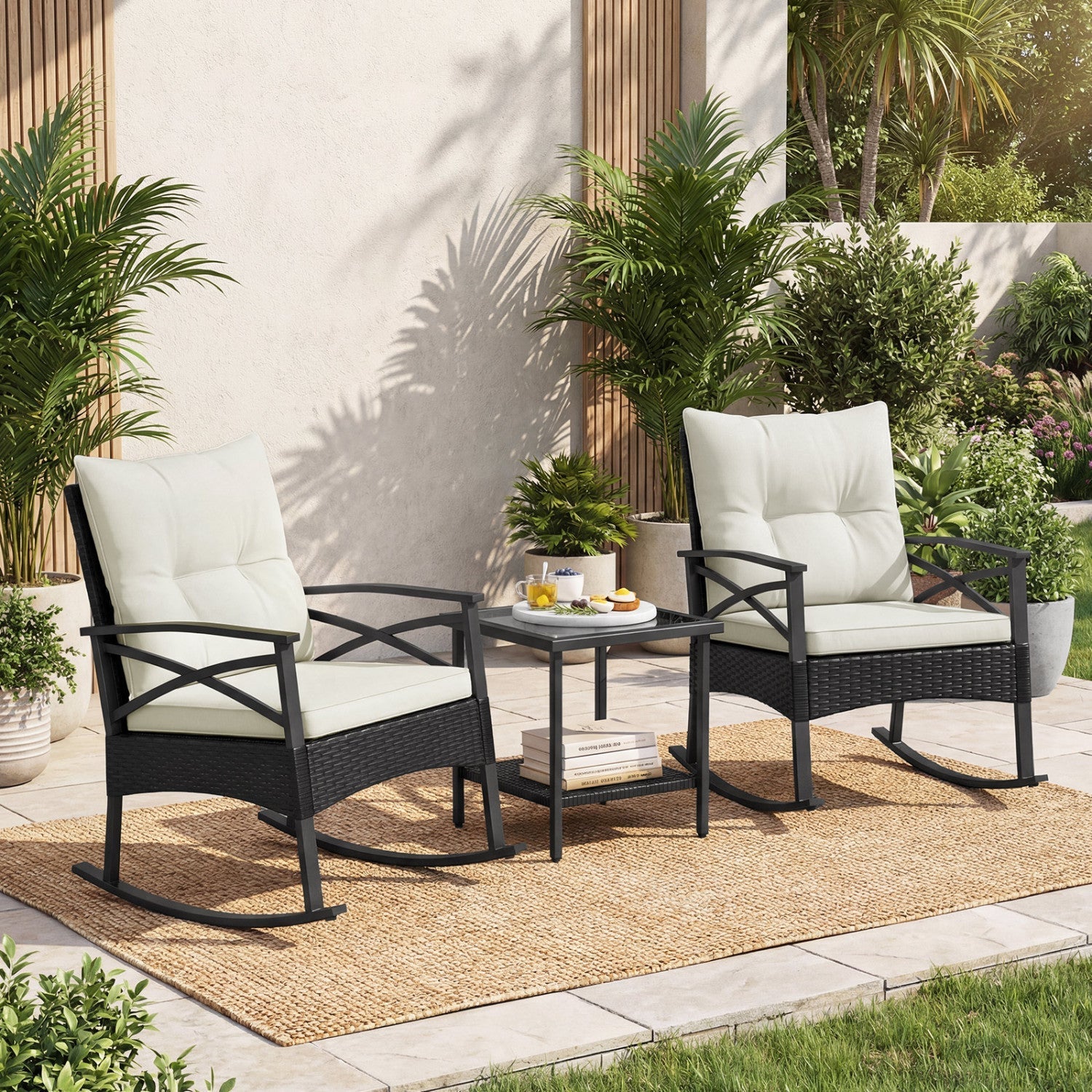 3 Pieces Outdoor Rattan Rocking Chairs Set with 2-Tier Side Table for Garden Backyard - Cheeky Garden