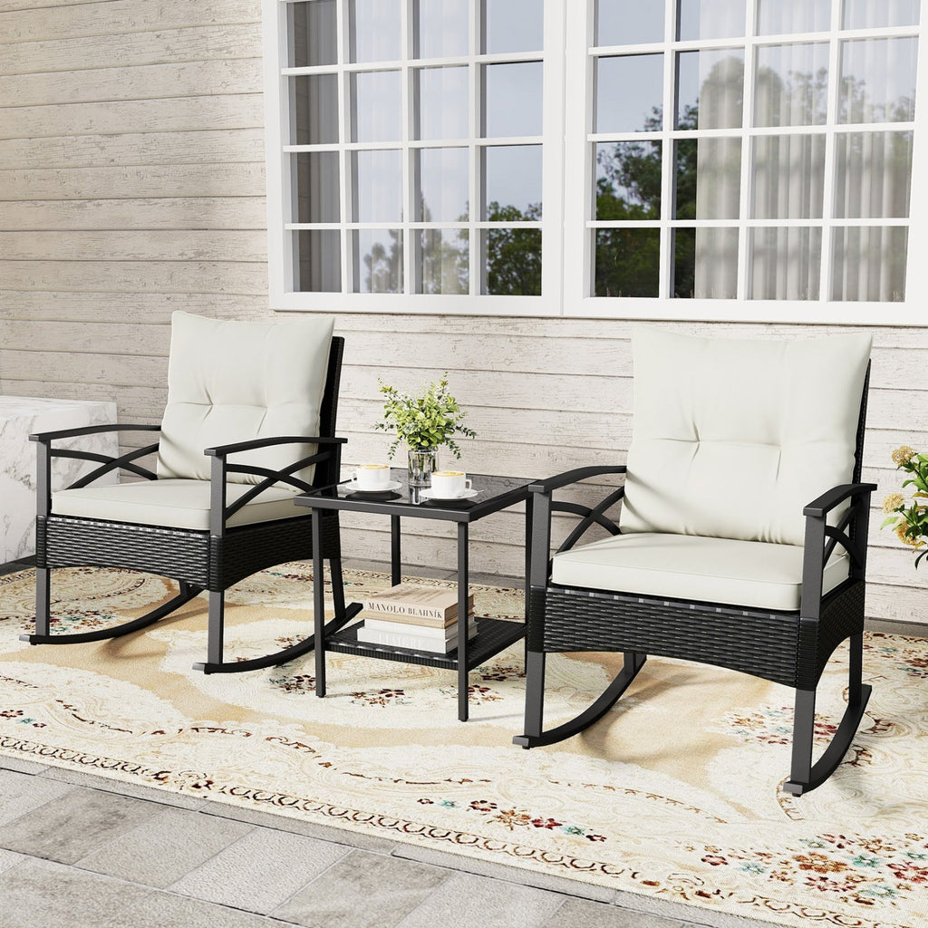 3 Pieces Outdoor Rattan Rocking Chairs Set with 2-Tier Side Table for Garden Backyard - Cheeky Garden