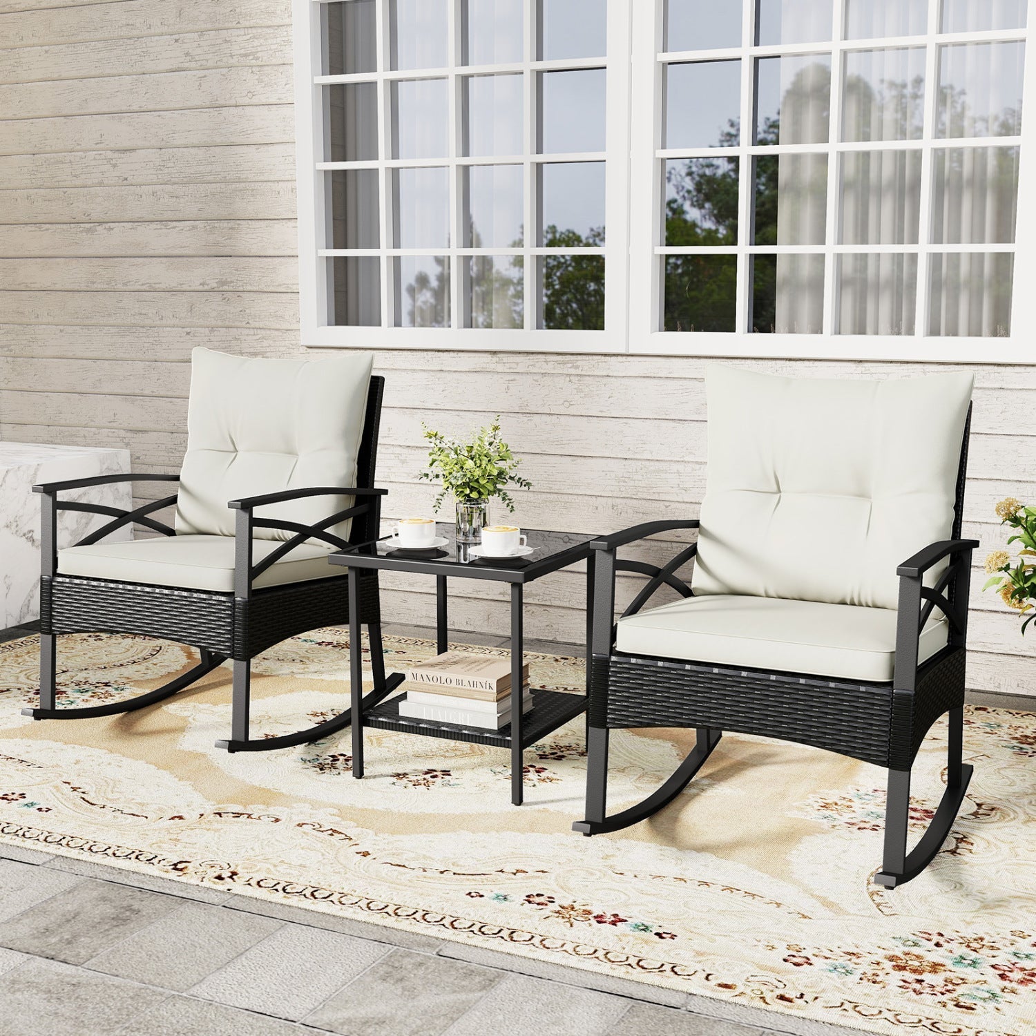 3 Pieces Outdoor Rattan Rocking Chairs Set with 2-Tier Side Table for Garden Backyard - Cheeky Garden