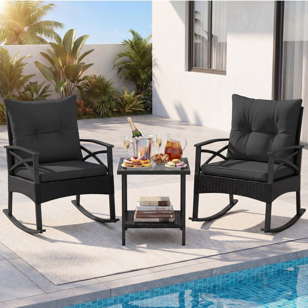 3 Pieces Outdoor Rattan Rocking Chairs Set with 2-Tier Side Table for Garden Backyard - Cheeky Garden