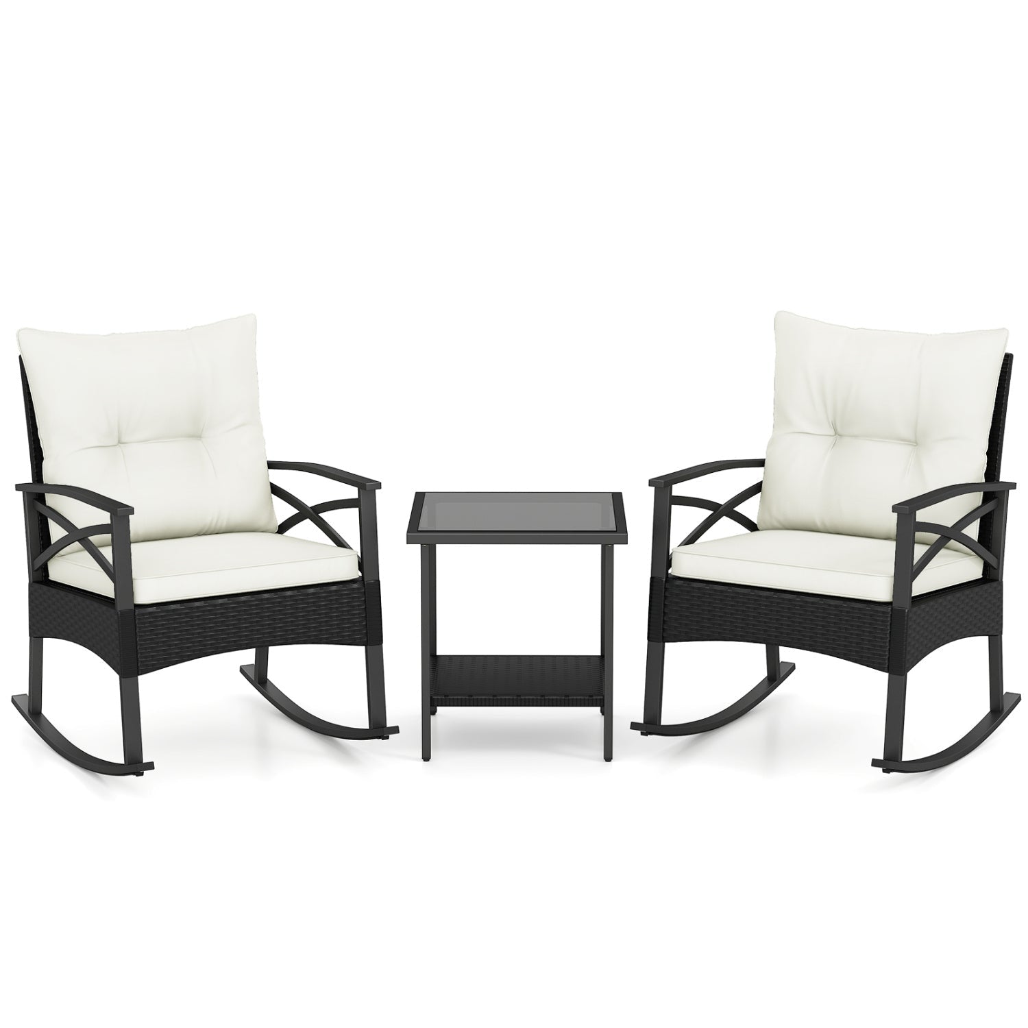 3 Pieces Outdoor Rattan Rocking Chairs Set with 2-Tier Side Table for Garden Backyard - Cheeky Garden