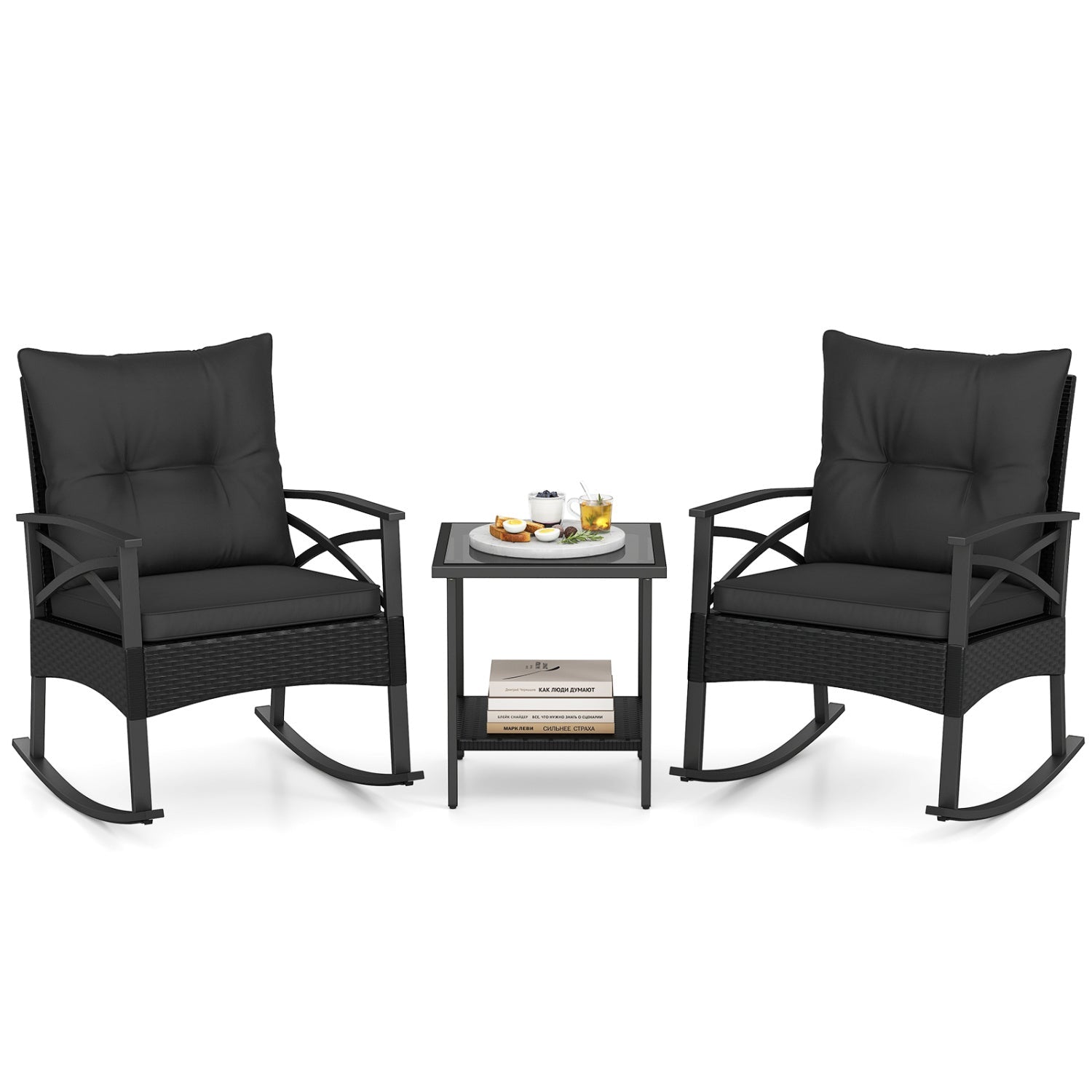 3 Pieces Outdoor Rattan Rocking Chairs Set with 2-Tier Side Table for Garden Backyard - Cheeky Garden