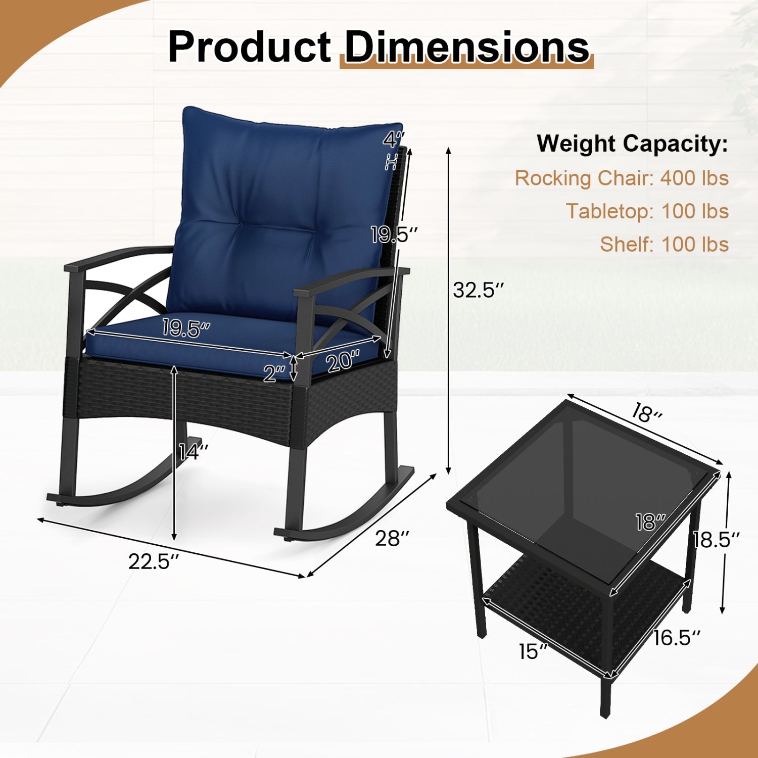 3 Pieces Outdoor Rattan Rocking Chairs Set with 2-Tier Side Table for Garden Backyard - Cheeky Garden