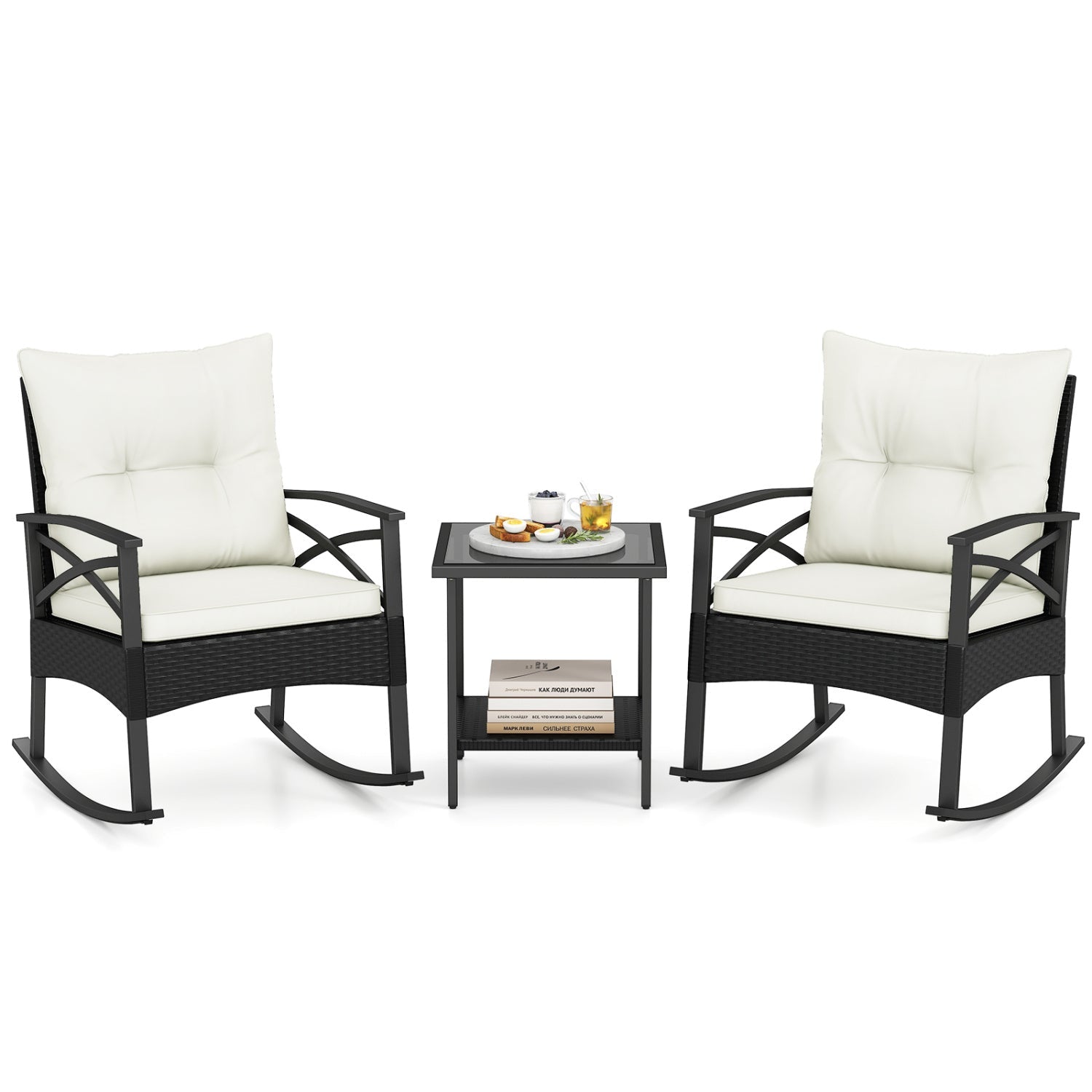 3 Pieces Outdoor Rattan Rocking Chairs Set with 2-Tier Side Table for Garden Backyard - Cheeky Garden