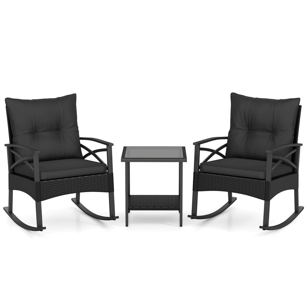 3 Pieces Outdoor Rattan Rocking Chairs Set with 2-Tier Side Table for Garden Backyard - Cheeky Garden