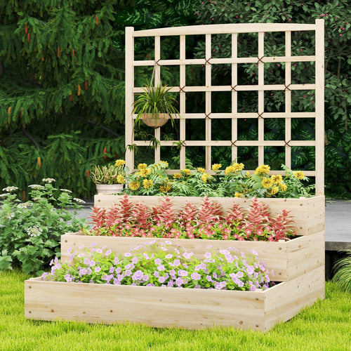 3-Tier Raised Garden Bed with Lattice Trellis and Open-Ended Base-Natural - Cheeky Garden
