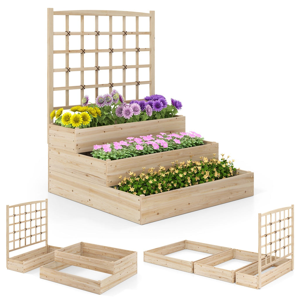 3-Tier Raised Garden Bed with Lattice Trellis and Open-Ended Base-Natural - Cheeky Garden