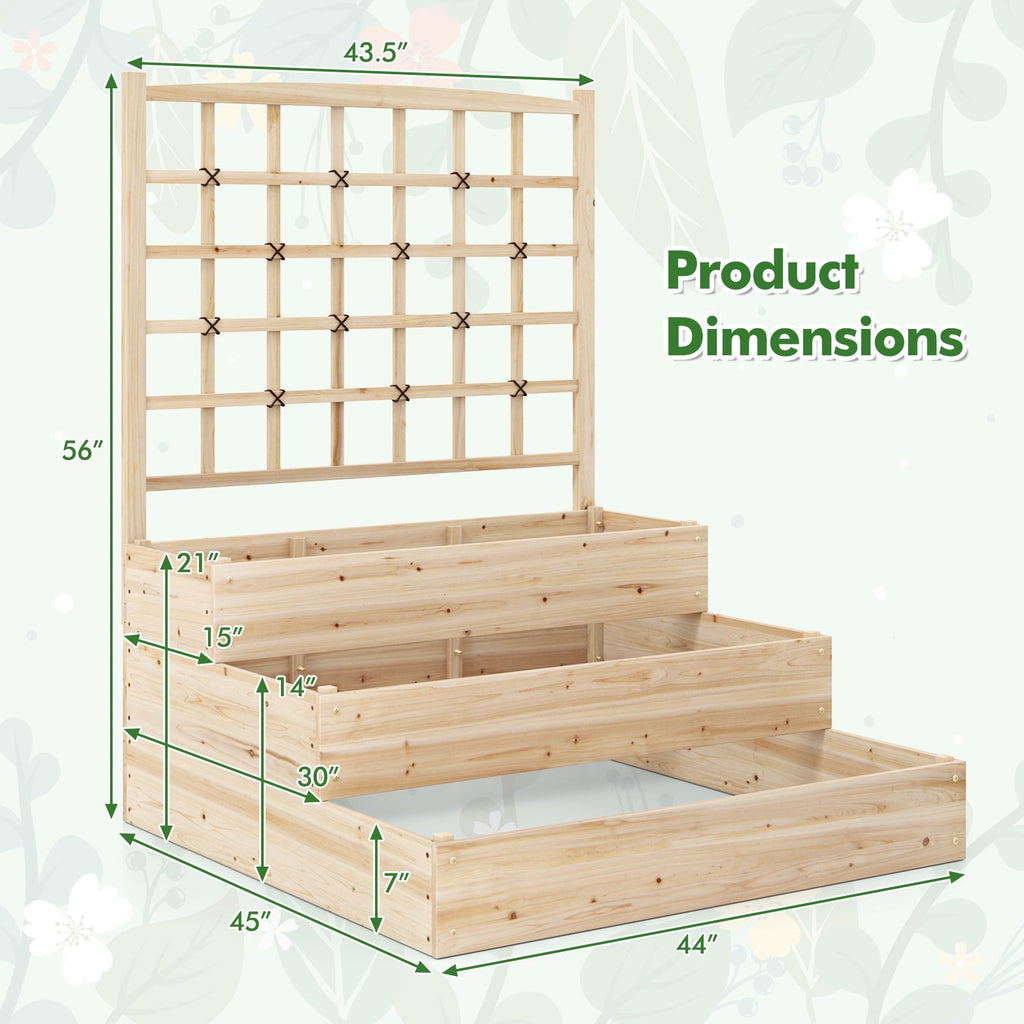 3-Tier Raised Garden Bed with Lattice Trellis and Open-Ended Base-Natural - Cheeky Garden