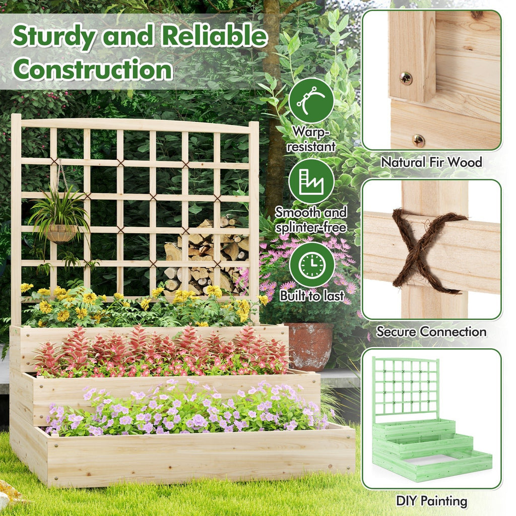 3-Tier Raised Garden Bed with Lattice Trellis and Open-Ended Base-Natural - Cheeky Garden