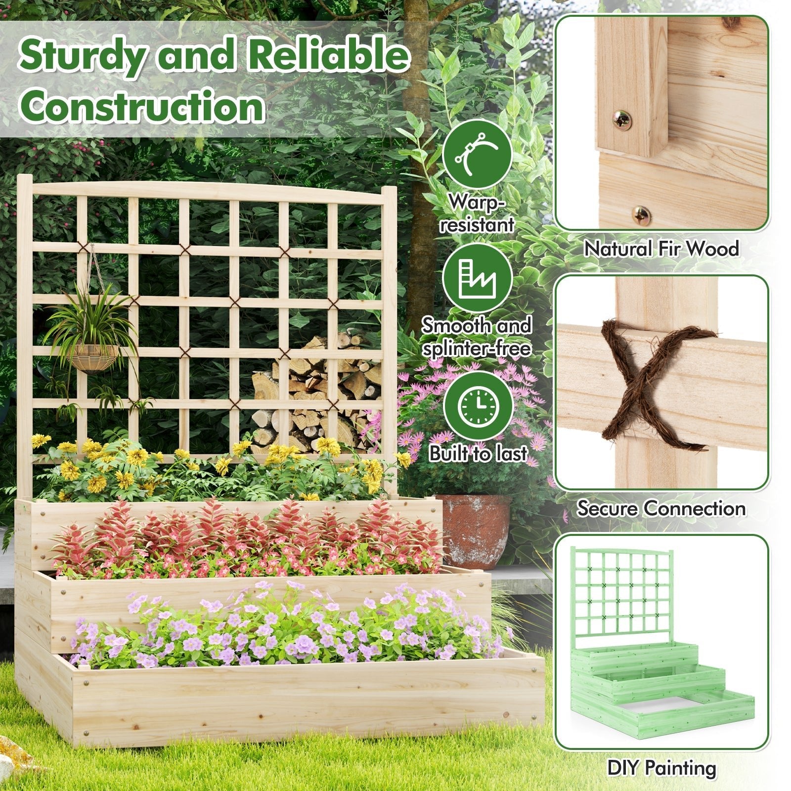3-Tier Raised Garden Bed with Lattice Trellis and Open-Ended Base-Natural - Cheeky Garden