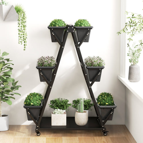 3-Tier Vertical Raised Garden Bed with 4 Wheels and 6 Container Boxes-Black - Cheeky Garden