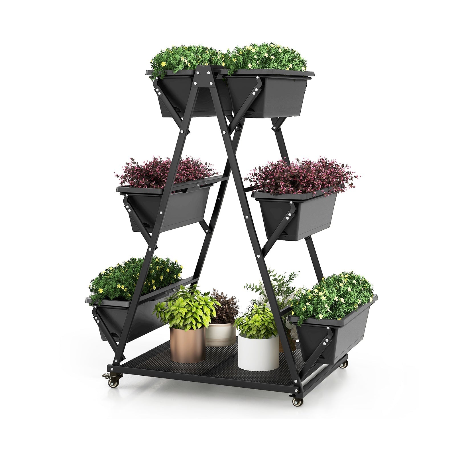 3-Tier Vertical Raised Garden Bed with 4 Wheels and 6 Container Boxes-Black - Cheeky Garden
