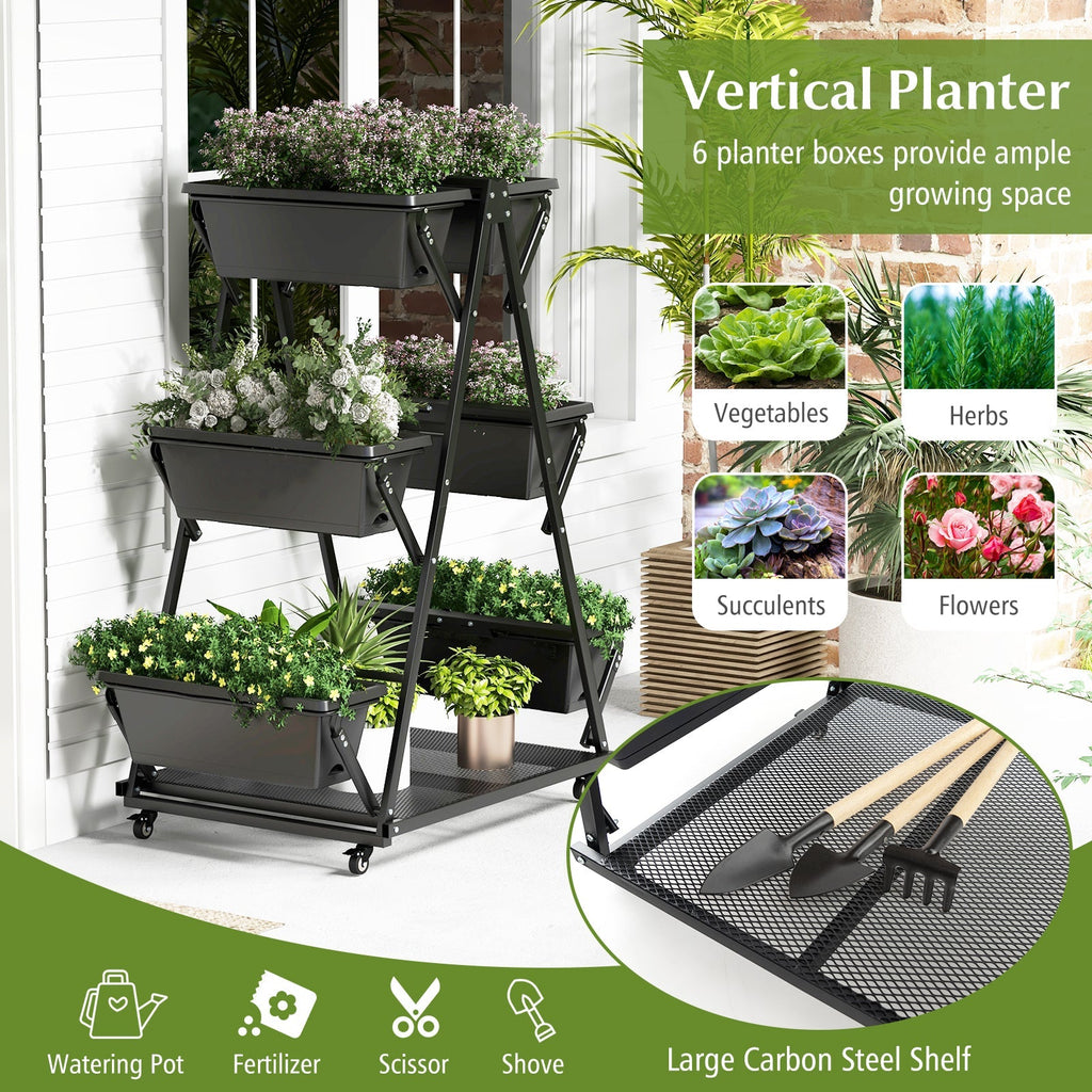 3-Tier Vertical Raised Garden Bed with 4 Wheels and 6 Container Boxes-Black - Cheeky Garden