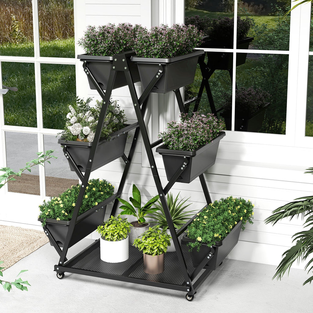 3-Tier Vertical Raised Garden Bed with 4 Wheels and 6 Container Boxes-Black - Cheeky Garden