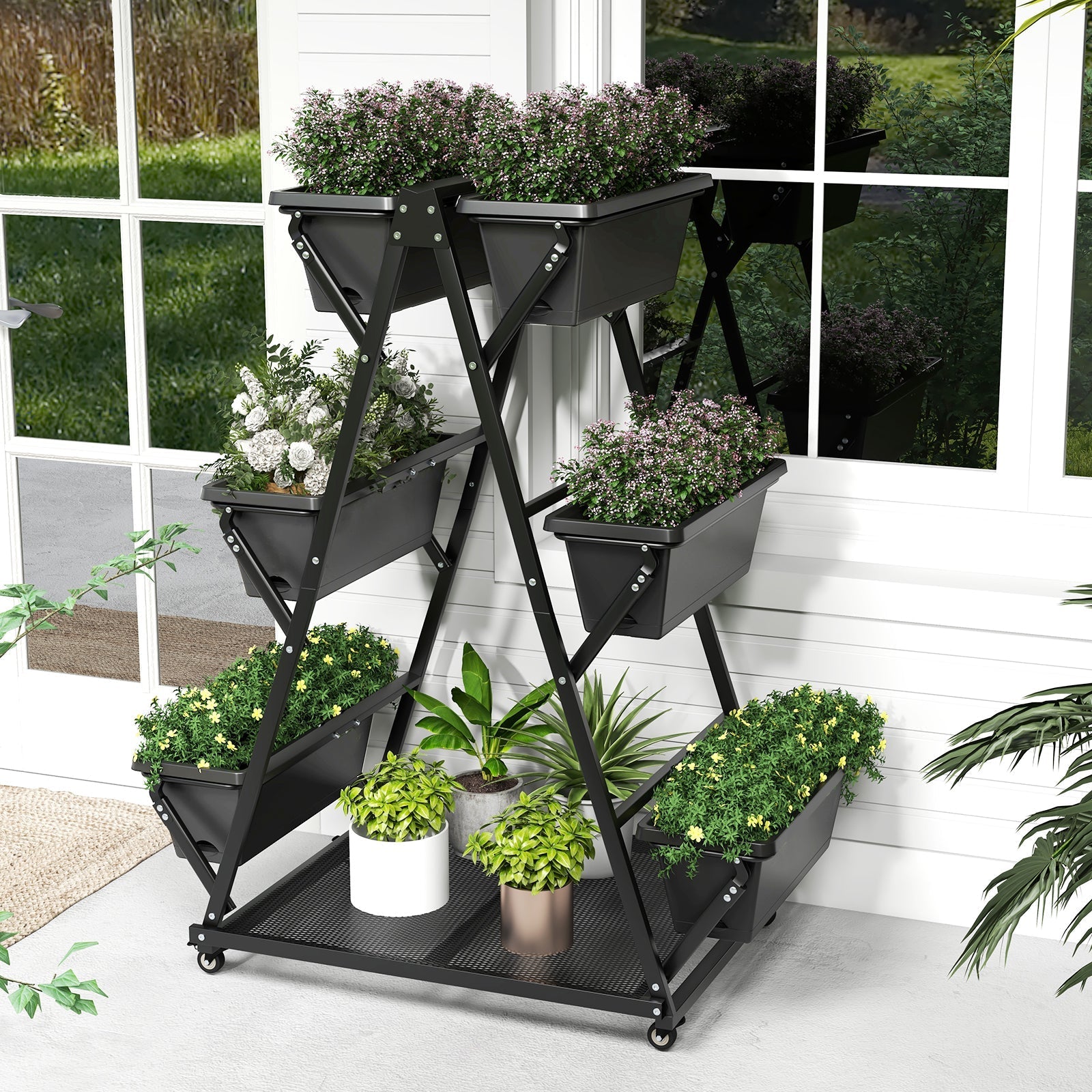 3-Tier Vertical Raised Garden Bed with 4 Wheels and 6 Container Boxes-Black - Cheeky Garden
