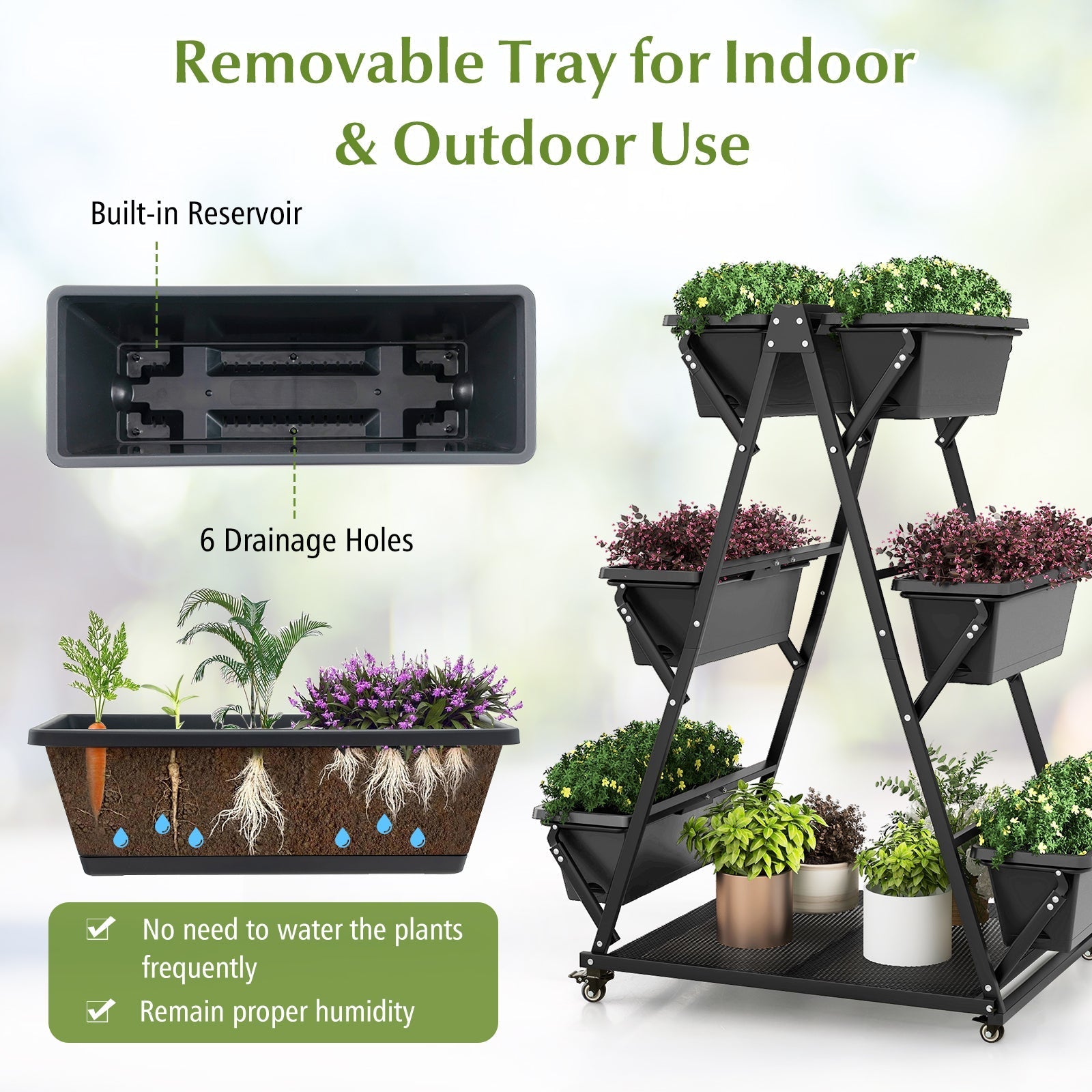 3-Tier Vertical Raised Garden Bed with 4 Wheels and 6 Container Boxes-Black - Cheeky Garden