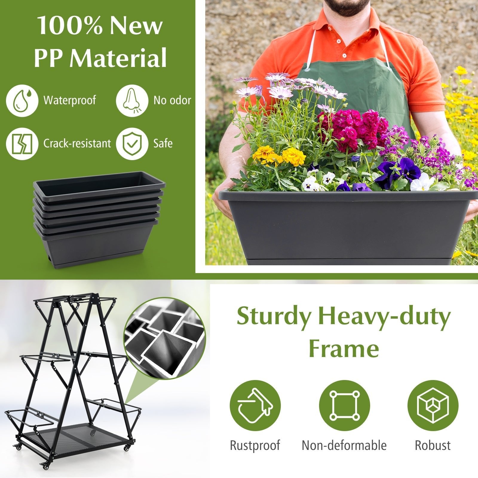 3-Tier Vertical Raised Garden Bed with 4 Wheels and 6 Container Boxes-Black - Cheeky Garden