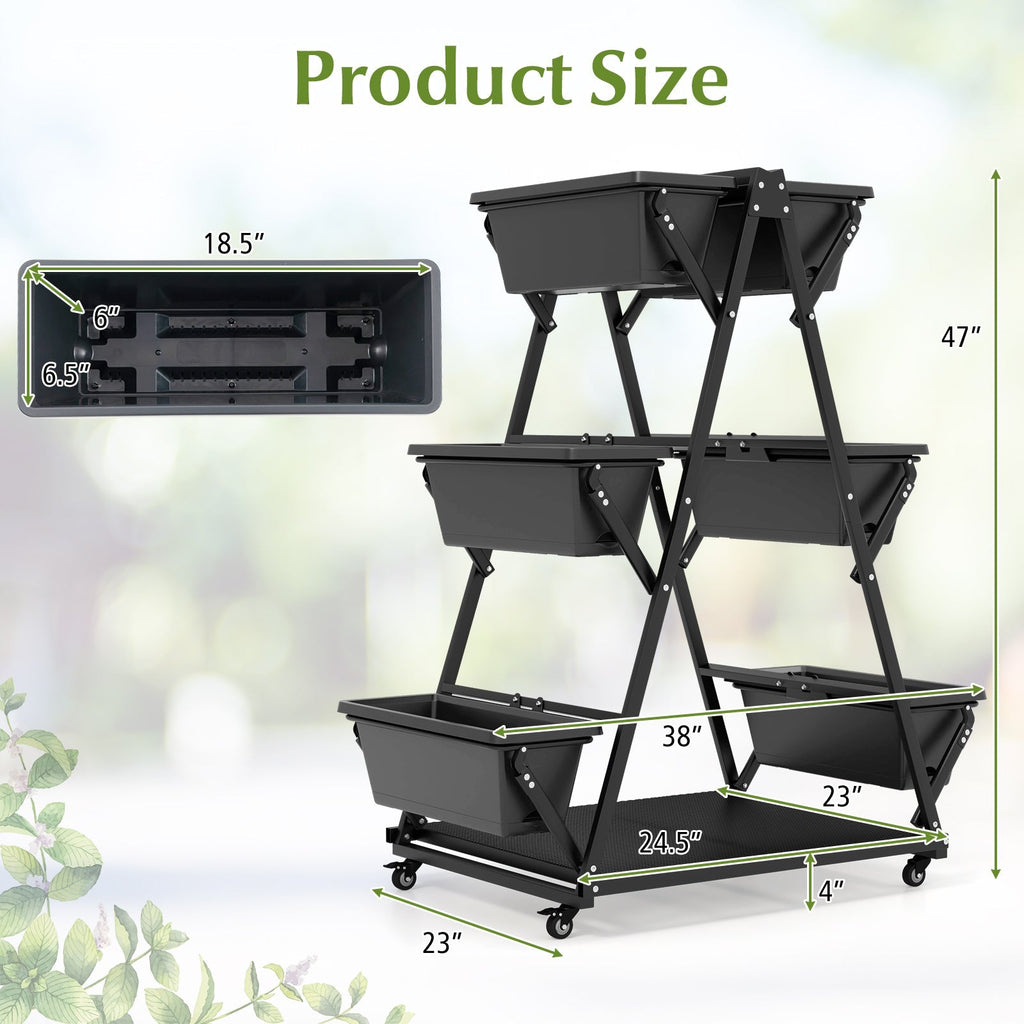 3-Tier Vertical Raised Garden Bed with 4 Wheels and 6 Container Boxes-Black - Cheeky Garden