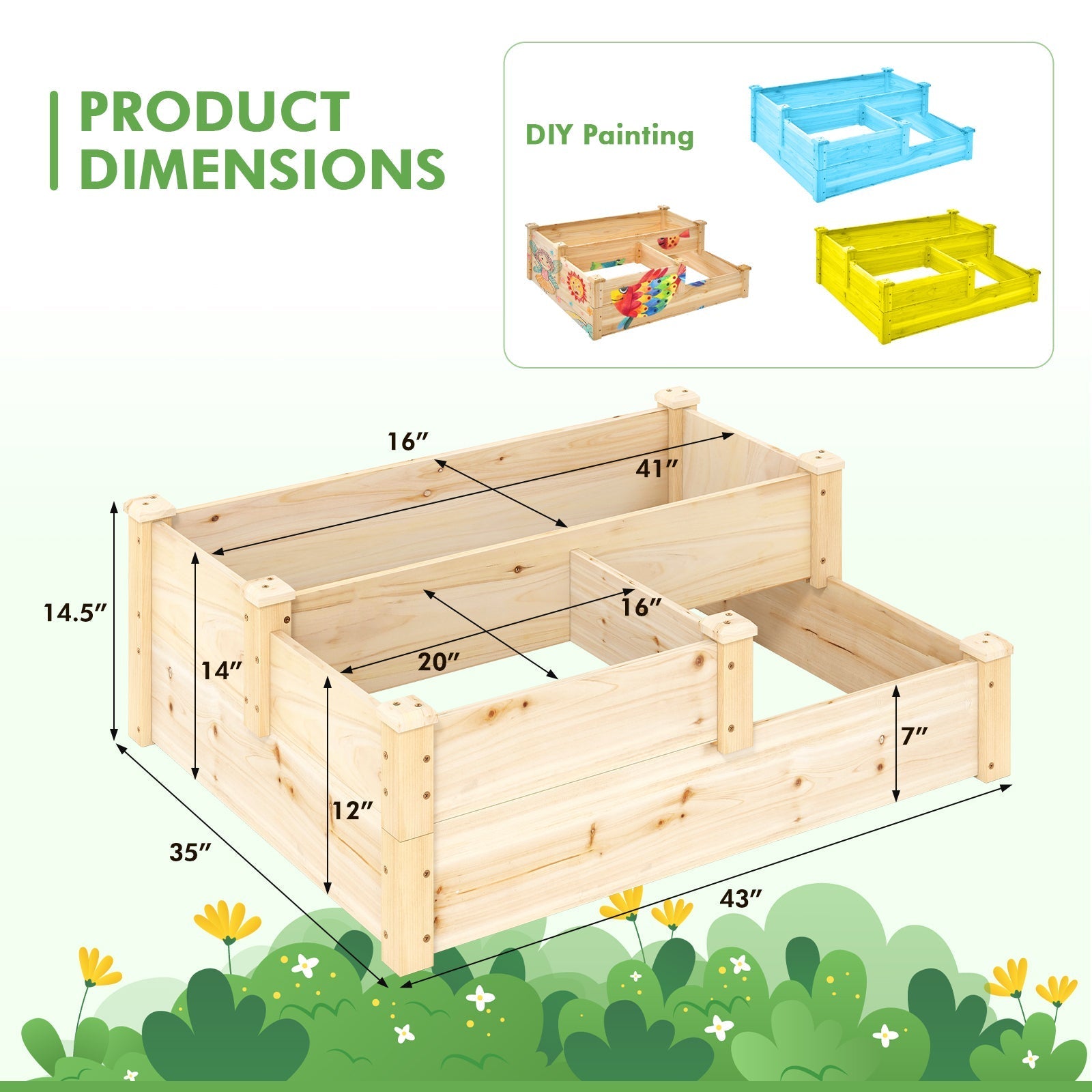 3-Tier Wooden Raised Garden Bed with Open-Ended Base-Natural - Cheeky Garden