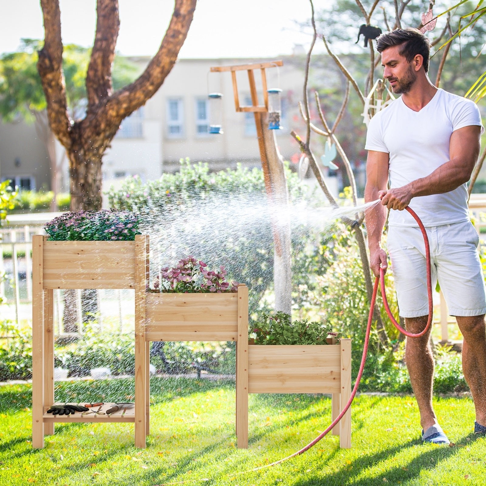 3-Tier Wooden Raised Garden Bed with Open Storage Shelf-Natural - Cheeky Garden