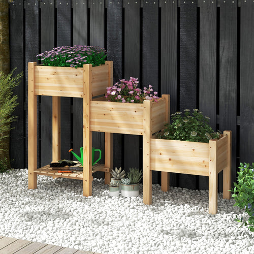 3-Tier Wooden Raised Garden Bed with Open Storage Shelf-Natural - Cheeky Garden