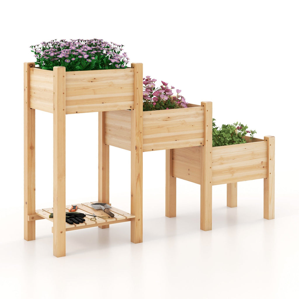 3-Tier Wooden Raised Garden Bed with Open Storage Shelf-Natural - Cheeky Garden