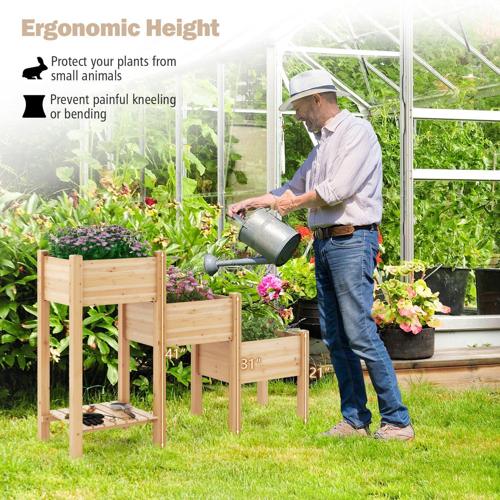 3-Tier Wooden Raised Garden Bed with Open Storage Shelf-Natural - Cheeky Garden