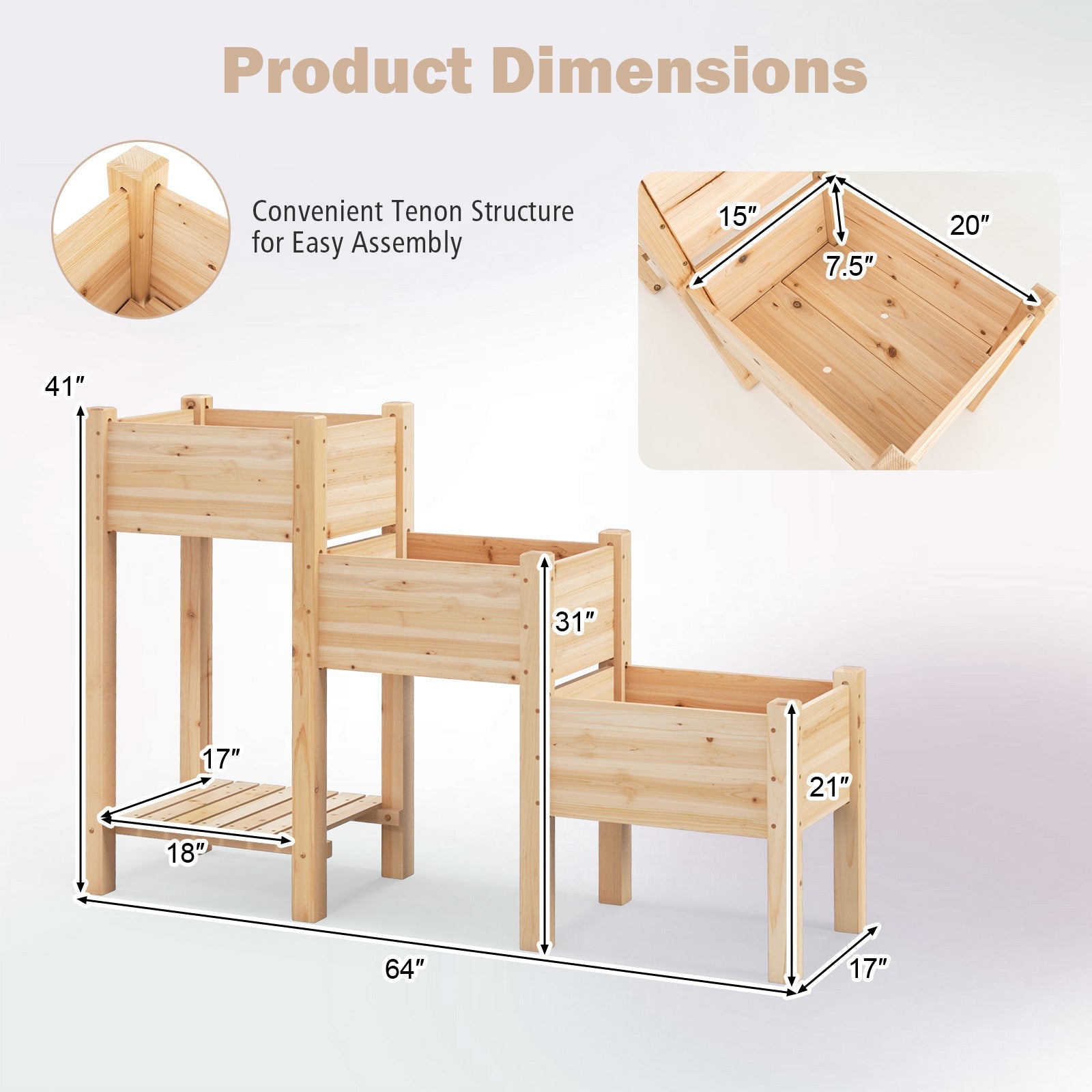 3-Tier Wooden Raised Garden Bed with Open Storage Shelf-Natural - Cheeky Garden