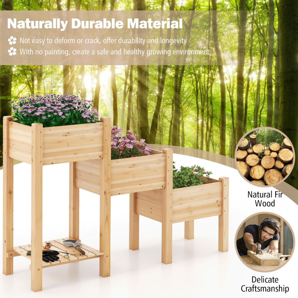 3-Tier Wooden Raised Garden Bed with Open Storage Shelf-Natural - Cheeky Garden