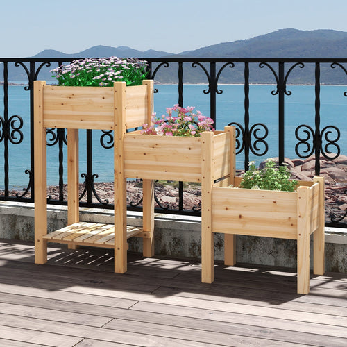 3-Tier Wooden Raised Garden Bed with Open Storage Shelf-Natural - Cheeky Garden