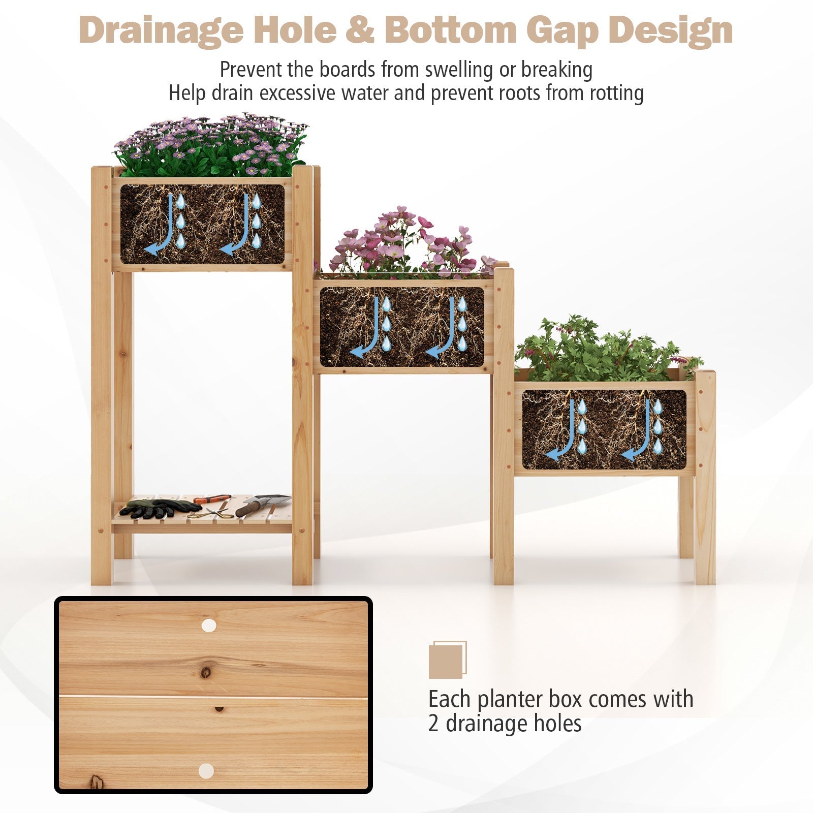 3-Tier Wooden Raised Garden Bed with Open Storage Shelf-Natural - Cheeky Garden