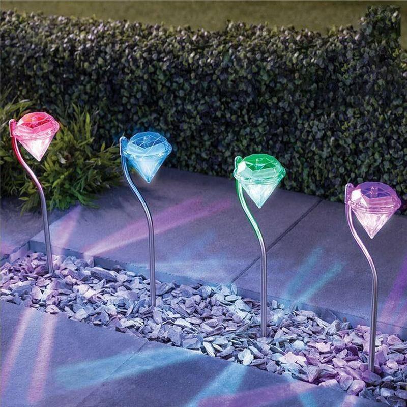 4 Solar Garden Diamond LED Lamps In White Warm White And Multicolor Stainless Steel Lamps For Garden Pathway Yard - Cheeky Garden