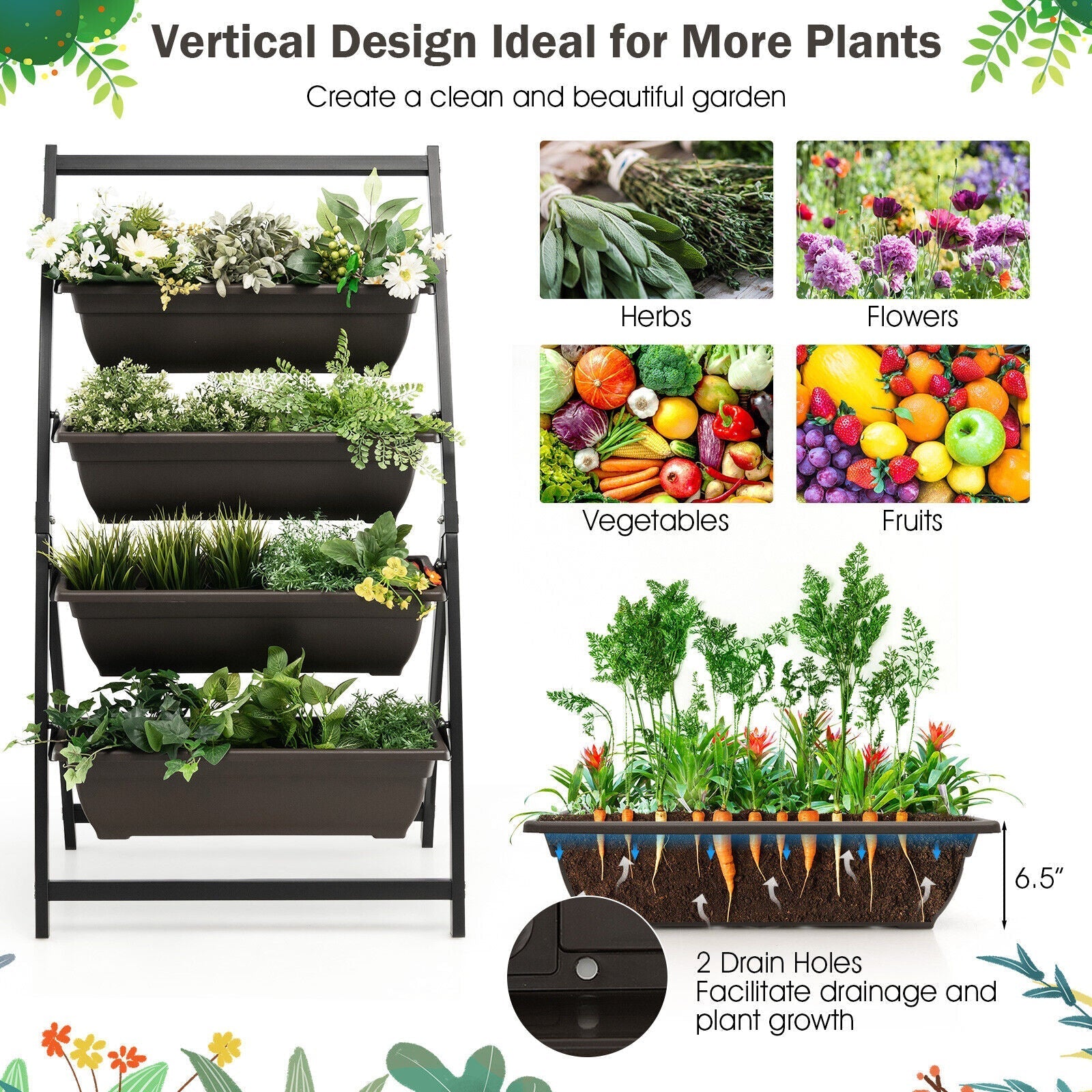 4-Tier Vertical Raised Garden Bed with 4 Containers and Drainage Holes - Cheeky Garden