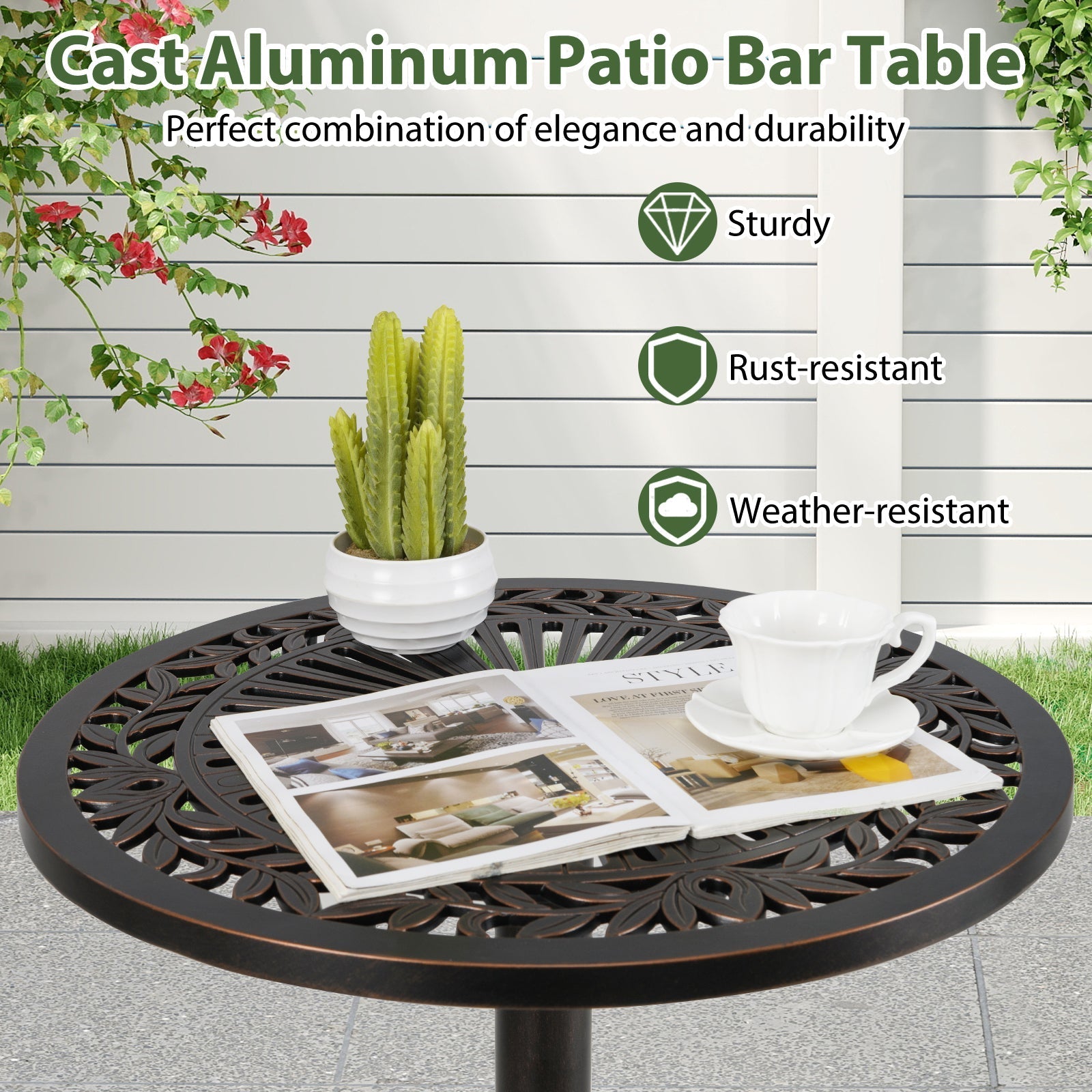 41.5 Inch Patio Round Bar Table Cast Aluminum Bistro Table for Garden-Bronze - Cheeky Garden
