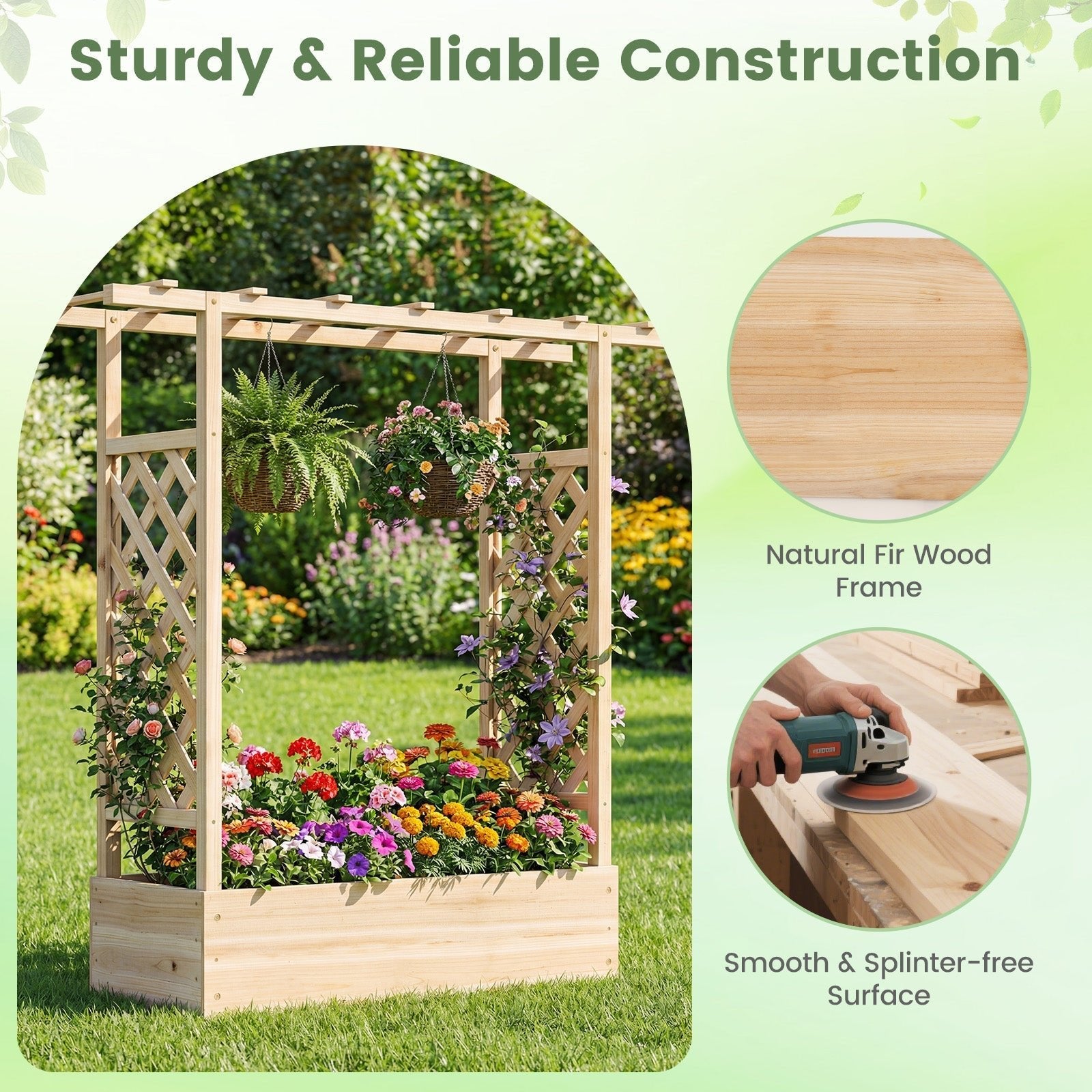 45 inch Tall Wooden Raised Garden Bed with Side Trellis and Hanging Roof - Cheeky Garden