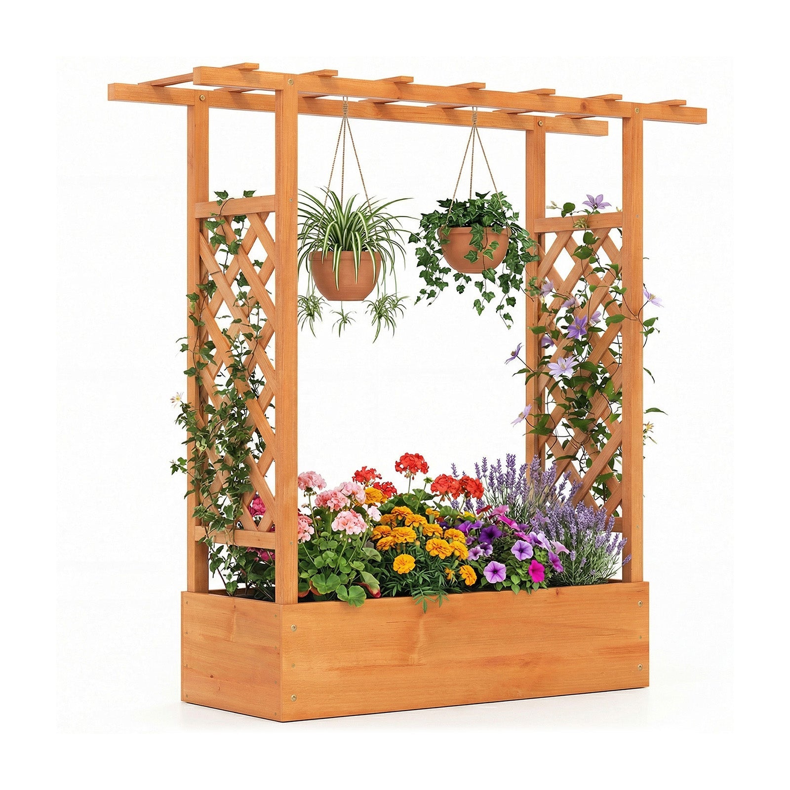 45 inch Tall Wooden Raised Garden Bed with Side Trellis and Hanging Roof - Cheeky Garden